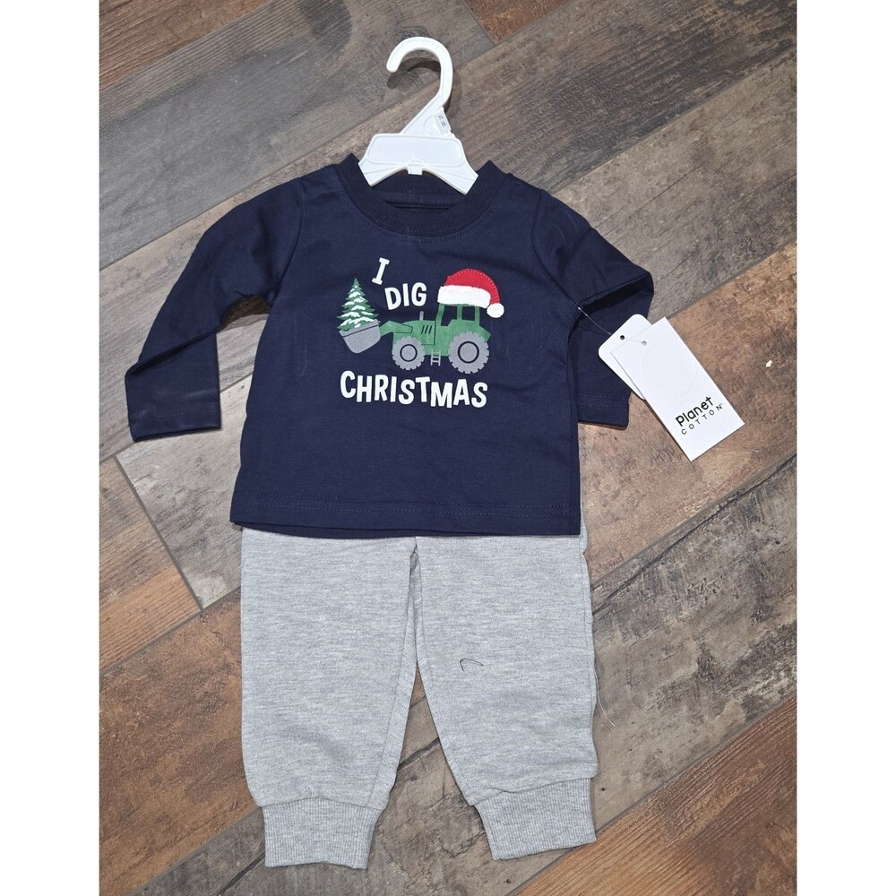 Planet Cotton I Dig Christmas 2pc Baby Outfit NWT Sz NB B9